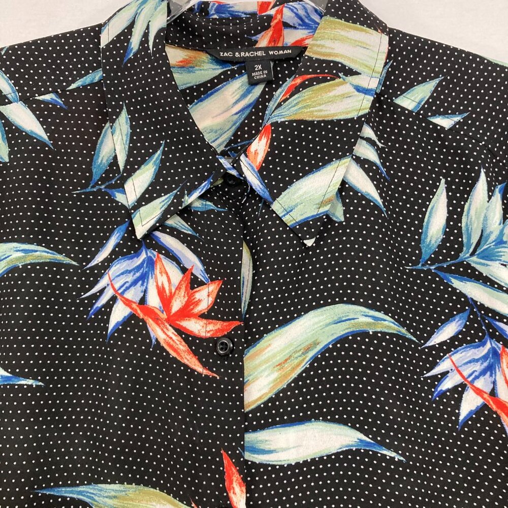 Zac & Rachel 2X Black Floral Artsy Micro Polka Dot‎ Shark-bite Hem Button Tunic - Picture 3 of 11